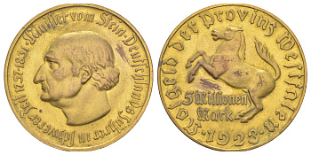 Вестфалия 5000000 марок 1923 Funck 645.10, J N22, Men18 33512.24 томпак плакированный латунью 1066-13-21