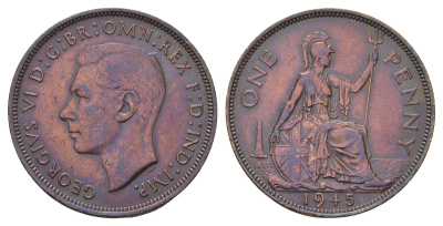 Великобритания 1 пенни 1945 Георг VI (1936-1952) КМ 845, Spink 4114 бронза 4111-831