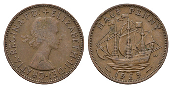 Великобритания 1/2 пенни 1959 Елизавета II (1952-2022) KM 896, Spink 4158 бронза 94-922