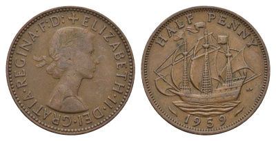Великобритания 1/2 пенни 1959 Елизавета II (1952-2022) KM 896, Spink 4158 бронза 94-922