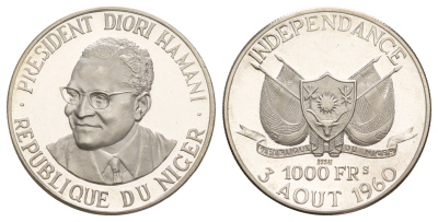 Нигер 1000 франков 1960 ESSAI, президент Амани Диори (Hamani Diori), независимость KM E6 серебро PROOF 413-4043