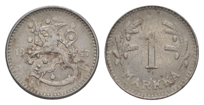 Финляндия 1 марка 1947 KM 30b железо 4647-423