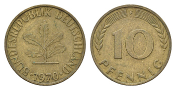 ФРГ 10 пфеннигов 1970 F KM 108, J.383 сталь плакированная латунью 4606-1111