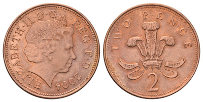 Великобритания 2 пенса 2004 Елизавета II (1952-2022) KM 987, Spink 4690 (C5) сталь плакированная медью 4671-551