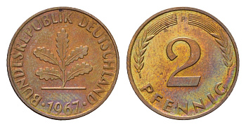 ФРГ 2 пфеннига 1967 F KM 106, J. 381 бронза 3458-716