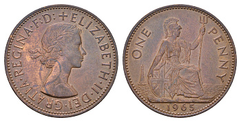Великобритания 1 пенни 1965 Елизавета II (1952-2022) KM 897, Spink 4157 бронза 3855-535