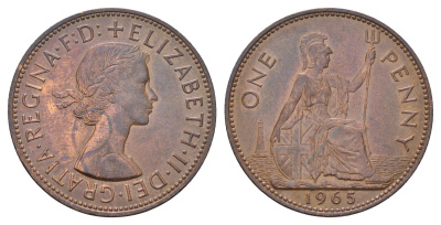 Великобритания 1 пенни 1965 Елизавета II (1952-2022) KM 897, Spink 4157 бронза 3855-535