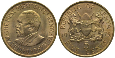 Кения 5 центов 1975 Джомо Кениата KM 10 никель латунь UNC 181-532