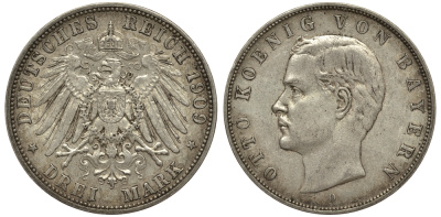 Бавария 3 марки 1909 Отто (1886-1913) Weege 45, J. 47, KM 515 серебро 413-2313