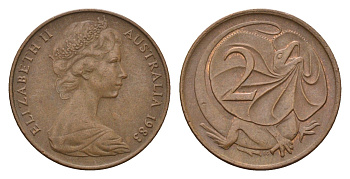 Австралия 2 цента 1983 Елизавета II (1952-2022), плащеносная ящерица KM 63 бронза 4684-146