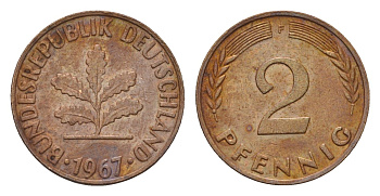 ФРГ 2 пфеннига 1967 F KM 106, J. 381 бронза 3458-722