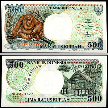Индонезия 500 рупий 1992/1996 орангутан, дом (Восточное Борнео) Pick 128 е бумага 7204-4-1-2