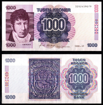 Норвегия 1000 крон 1990 Кристиан Магнус Фальсен. Королевская печать 1668 года Pick 45 a бумага 451-1339-2