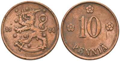 Финляндия 10 пенни 1924 KM 24 медь 4591-957