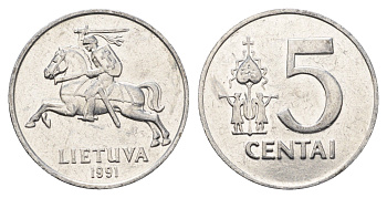 Литва 5 центов (сентов) 1991 год-тип KM 87 алюминий 4688-935
