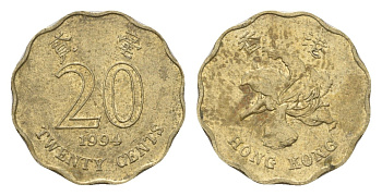 Гонконг 20 центов 1994 KM 67 никель латунь 4547-1251