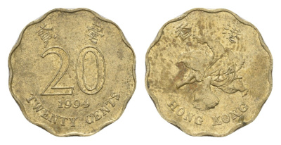 Гонконг 20 центов 1994 KM 67 никель латунь 4547-1251