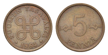 Финляндия 5 пенни 1964 KM 45 медь 4684-211