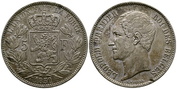 Бельгия 5 франков 1850 Леопольд I (1831-1865) KM 17 серебро 1067-3-43