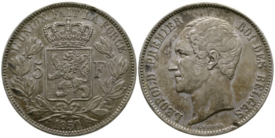 Бельгия 5 франков 1850 Леопольд I (1831-1865) KM 17 серебро 1067-3-43