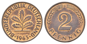 ФРГ 2 пфеннига 1963 G KM 106, J.381 бронза 4697-549