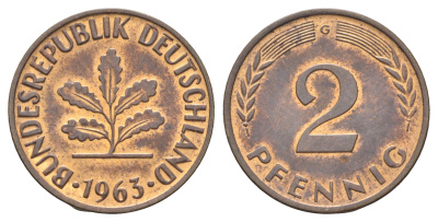 ФРГ 2 пфеннига 1963 G KM 106, J.381 бронза 4697-549