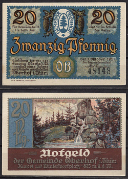 Германия, Оберхоф 20 пфеннигов 1921 Нотгельд, юбилейный выпуск Gra 996.4-6/18 бумага 7555-46-2-1