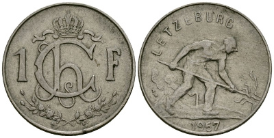 Люксембург 1 франк 1957 KM 46.2 медно-никель 4166-513