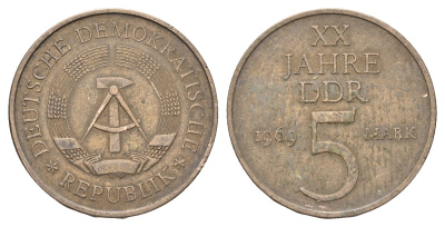 ГДР 5 пфеннигов 1969 А, 20 лет ГДР KM 22.1, J. 1524 никель латунь 4148-645