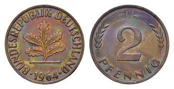 ФРГ 2 пфеннига 1964 D KM 106, J. 381 бронза 4564-1062