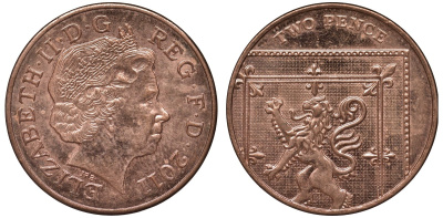 Великобритания 2 пенса 2011 Елизавета II (1952-2022) KM 1108, Spink 4691 (C6) сталь плакированная медью aUNC 4122-855