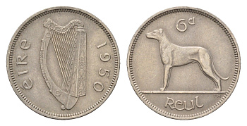 Ирландия 6 пенсов 1950 собака, ирландский волкодав KM 13a медно-никель 4690-331