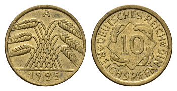 Германия 10 рейхспфеннигов 1925 A KM 40, J. 317 алюминиевая бронза aUNC 5010-1112