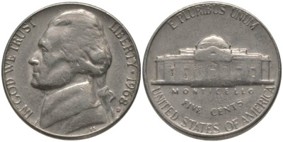 США 5 ЦЕНТОВ 1968 D, ДЖЕФФЕРСОН KM А192 медно-никель 181-113