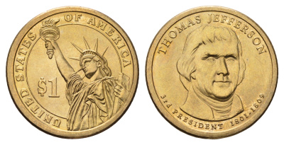 США 1 доллар 2007 P, Президент США - Томас Джеферсон (1801-1809) KM 403 медь с марганцево-латунным покрытием UNC 4698-917