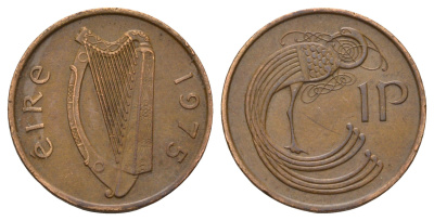 Ирландия 1 пенни 1975 мифологическая птица лира KM 20 бронза 4682-531