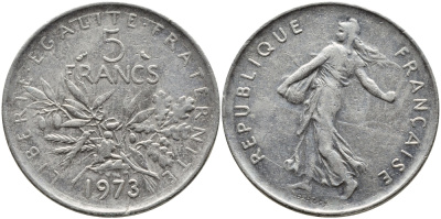 ФРАНЦИЯ 5 ФРАНКОВ 1973 СЕЯТЕЛЬ KM 926a.1, LE FRANC 341.5 медно-никель плакированный никелем 4389-836