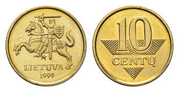 Литва 10 центов (сентов) 1999 KM 106 никель латунь UNC 4689-1125