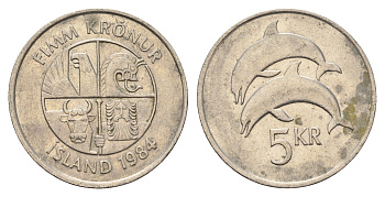 Исландия 5 крон 1984 дельфины KM 28 медно-никель 4591-1114