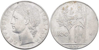 ИТАЛИЯ 100 ЛИР 1957 R, АФИНА KM 96.1 нержавеющая сталь 109-723