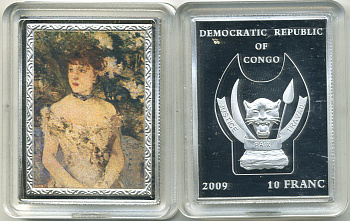 Конго 10 франков 2009 серия шедевры мировой живописи, Берта Моризо, Молодая девушка в бальном платье, серебрение, размер 35Х46 мм., цветная эмаль медно-никель PROOF 1066-14-21