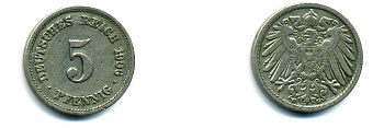ГЕРМАНИЯ 5 ПФЕННИГОВ 1906 G, KM 11, J. 12 медно-никель 35-455