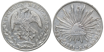 Мексика 8 реалов 1881 GO S.B. KM 377.8 серебро 1066-5-62