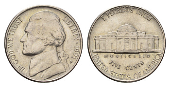 США 5 центов 1991 D, Джефферсон KM A192 медно-никель 4685-521