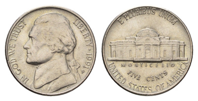 США 5 центов 1991 D, Джефферсон KM A192 медно-никель 4685-521