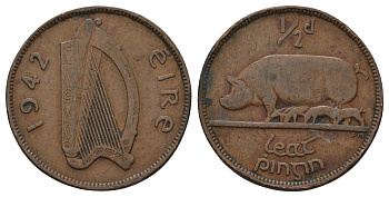 Ирландия 1/2 пенни 1942 свинья с поросятами KM 10 бронза 4666-752