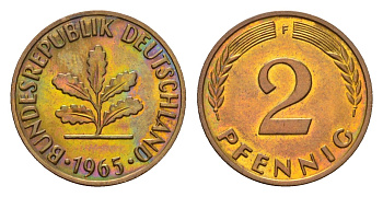 ФРГ 2 пфеннига 1965 F KM 106, J. 381 бронза 4682-1118