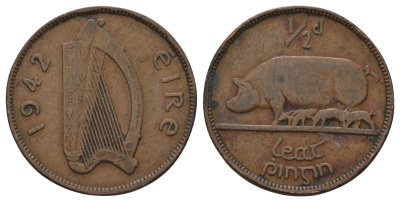 Ирландия 1/2 пенни 1942 свинья с поросятами KM 10 бронза 4666-752