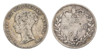 Великобритания 3 пенса 1850 Виктория (1837-1901) KM 730, Spink 3914 серебро 413-2514