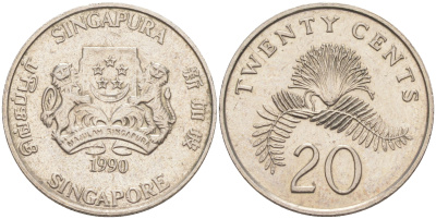 Сингапур 20 центов 1990 KM 52 медно-никель 113-315
